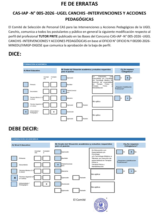 FE DE ERRATAS CAS-IAP -N° 005-2026 -UGEL CANCHIS -INTERVENCIONES Y ACCIONES PEDAGÓGICAS